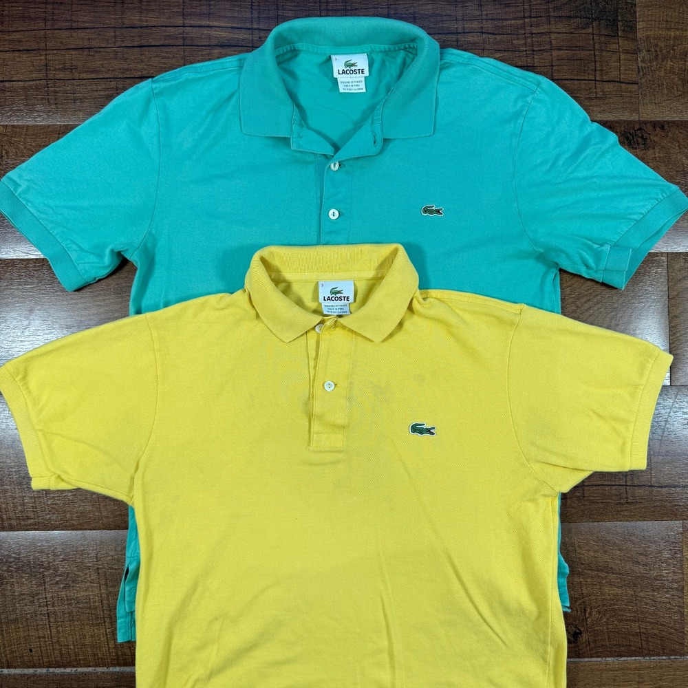 Lot x 2 Lacoste Polo Shirt Mens Size 3 Yellow Green Short Sleeve Pique Cotton